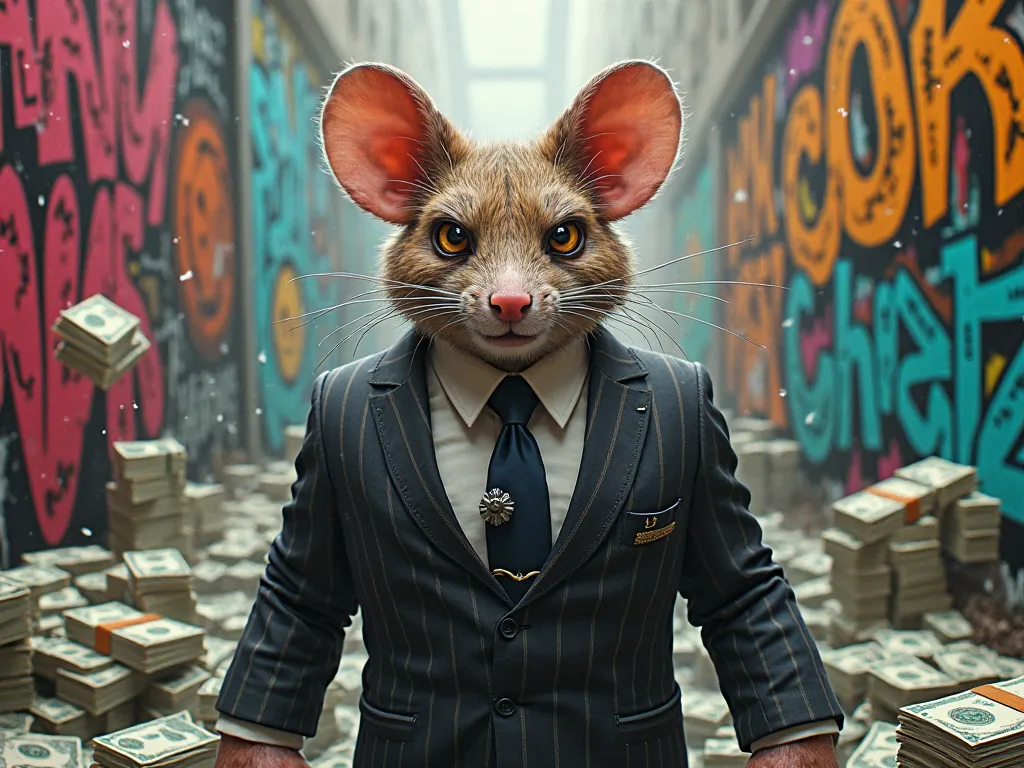 a man bodyguard and have a mouse face, wearing a suit and tie, with money all over the place, graffiti style and angry face, cartoon