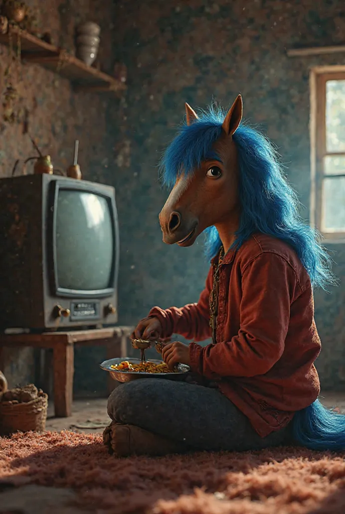 Boljack Herseman, Netflix  ,  with blue hair, Like in real life,  maximum resolution ,   super quality,  Ray Tracing , Media,  watching TV , on the back,  super realistic, Your skin color is brown, horse face, boljack horseman,  wearing a simple outfit , h...