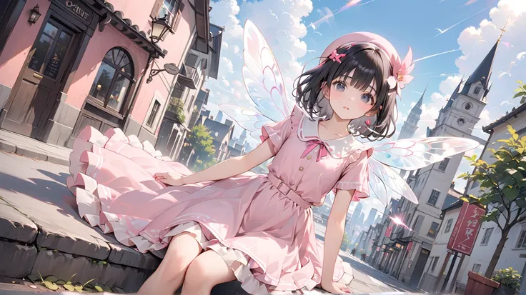 ( best quality ,  high resolution ,  Textured skin , high quality, high detail,  extremely detailed CG unity), age girl ， magic 少女，Black short hair，Black Eyes，pink small hat，抱着 magic 棒， magic ，cute，Multi-layered ruffles，Lace，Beautiful patterns，Dress nicely...