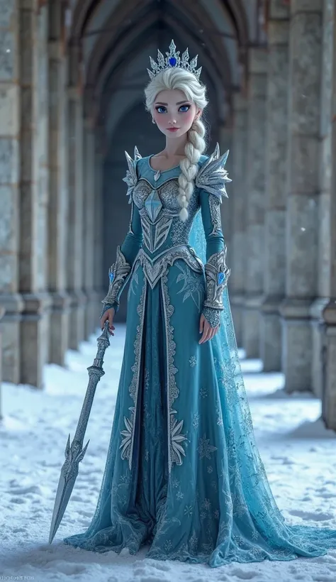 ((Photorealistic)) Princess Elsa is a "Ice/Paladin with plate armor with helmet/crown made from dark ice" and she wields "Frostmourne" in her right hand, in a Corridor with stone pillar's. She is looking at the viewer. ((Full-body fucking view))