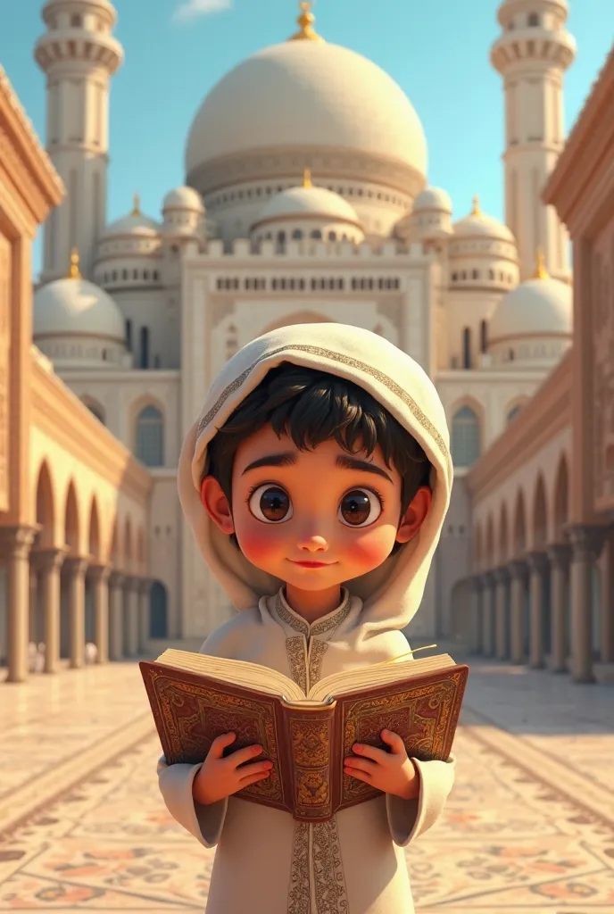 animated arab boy wearing a loose head covering holding a book against the background of a large and beautiful mosque