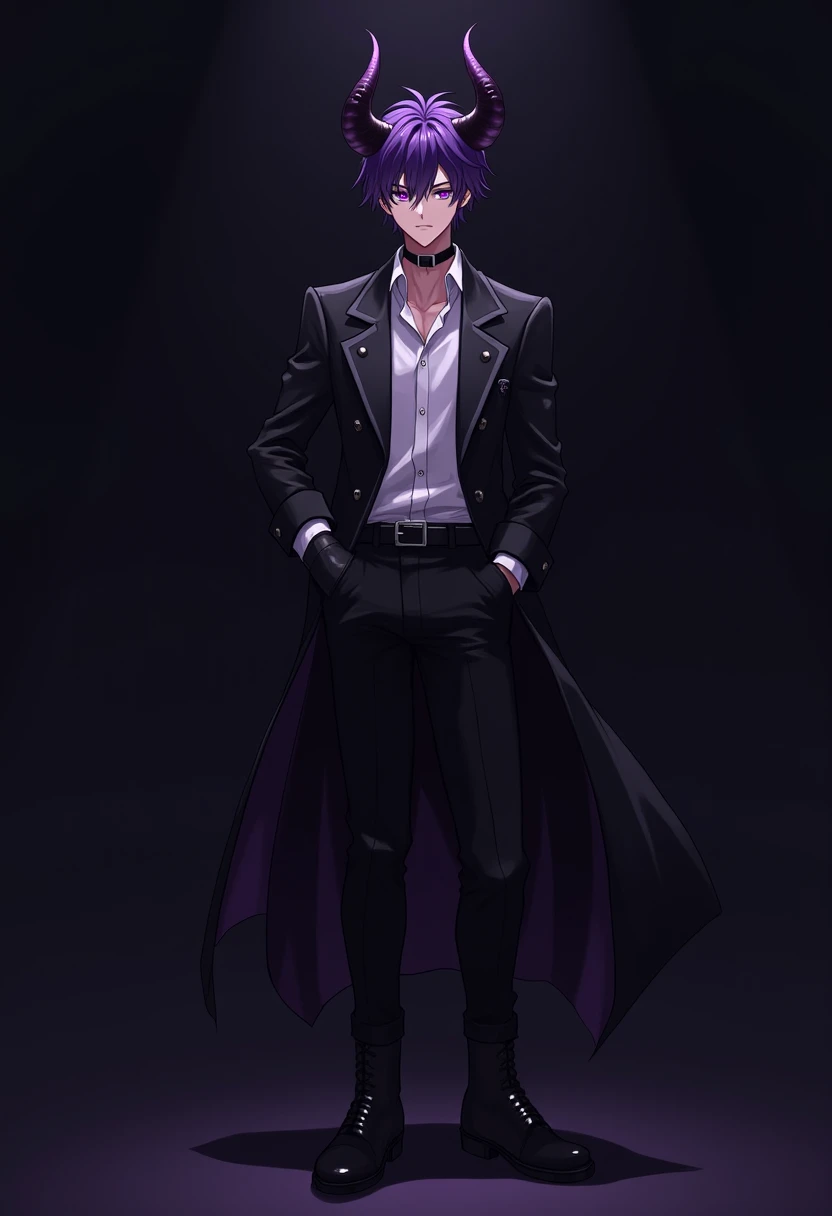 1male, beautiful 15-years-old age boy, 5 foot 8 inch height, thin but proportional body build, beautifull young tall apperence, demon horns on head, violet eyebrows, violet eyeslash, short deep violet sharp hair that is tousled in all directions, demon vio...