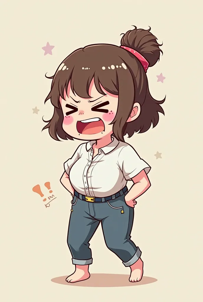 Chibi drawing of a person trying to wear a small blouse that doesn't fit her body and gets cramped