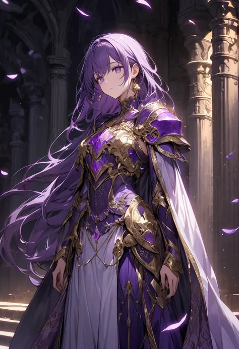 with vibrant purple hair and violet eyes, serene expression,  wearing elaborate, detailed armor.  The armor is a mix of gold,  light gray/silver, and deep violet,  with intricate designs.  It includes a breastplate, shoulder guards, and pauldrons, with ric...