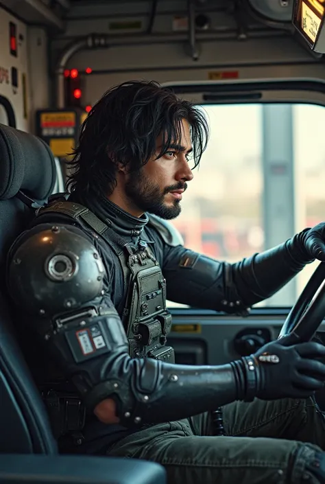 Create the image of a half-cyborg half-human Pablito driving a transport truck, But the truck is so tactical with weapons, and Pablito is going 160km/h, By the way, Pablito is dark-haired with straight and sturdy hair 