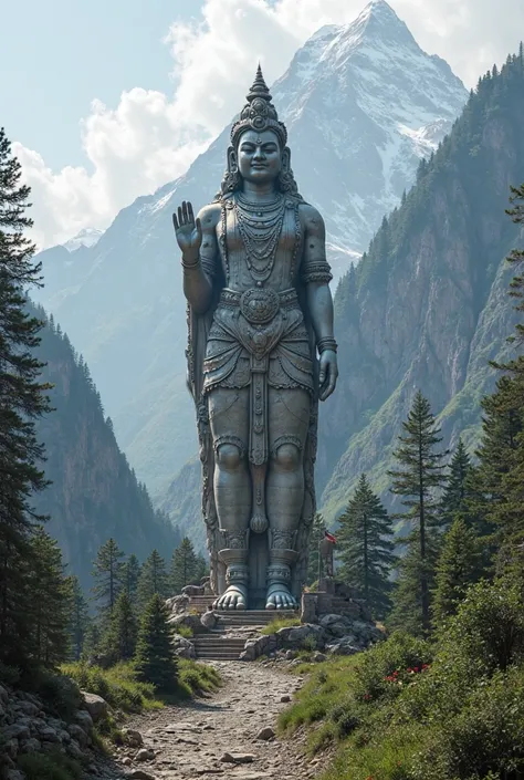 India uttarakhand they believe in god they call devta i need a picture of devta background mountain mountain down one small trample but big devta murti
Image sige 16:9