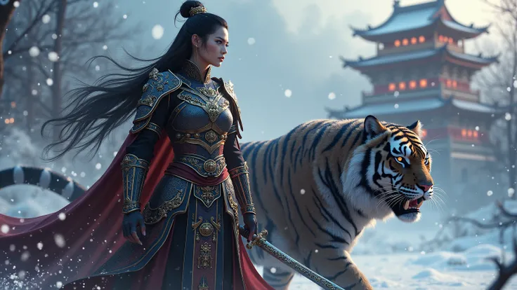  a Chinese princess with long black hair ,  in battle armor, with a sword in hand , next to a huge tiger ,  with black hair and glowing eyes ,  with a Chinese palace in the background in the light of a snowy night.  realistic, walking 