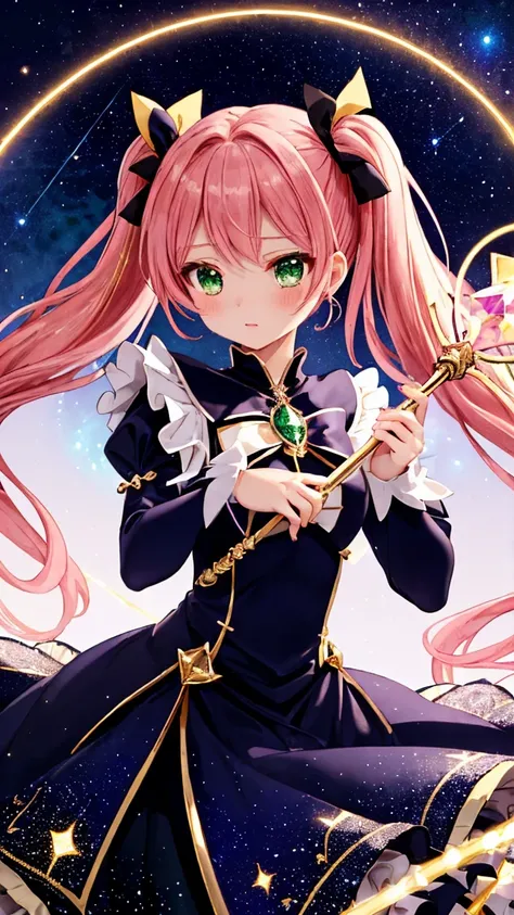 (beautiful magical girl:1.3), (pink twintails, fluffy hair:1.2), (emerald green eyes:1.2), (elegant lolita-style magical dress:1.3), (black and gold outfit:1.2), (holding a glowing magic staff:1.2), (sparkling magic aura:1.3), (floating magic circles:1.2),...