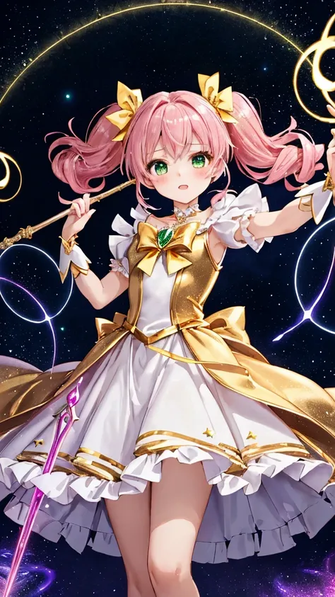 (beautiful magical girl:1.3), (pink twintails, fluffy hair:1.2), (emerald green eyes:1.2), (elegant lolita-style magical dress:1.3), (black and gold outfit:1.2), (holding a glowing magic staff:1.2), (sparkling magic aura:1.3), (floating magic circles:1.2),...