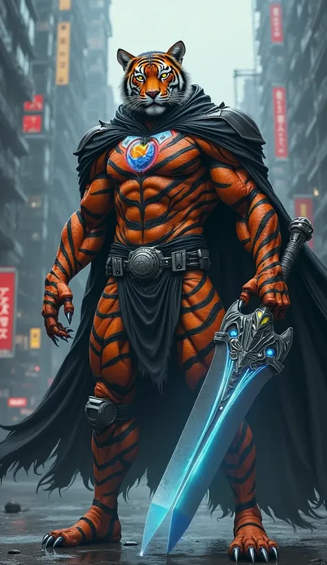 Depict a formidable humanoid tiger supervillain, known as 'Seol-hwa,' standing tall and menacing in a dark, gritty, urban cityscape. Seol-hwa should have the muscular physique of a powerful humanoid, with vibrant orange and black stripes covering his body,...