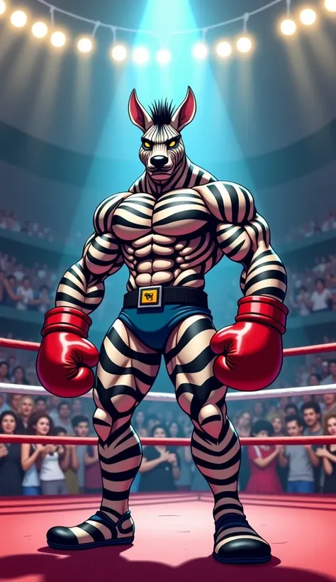 Zebra cartoon with a human body, Muscular and strong body, zebra-skinned body, standing in the center of the boxing ring, with boxing gloves in their hands, a lot of people in the stands , humanoid