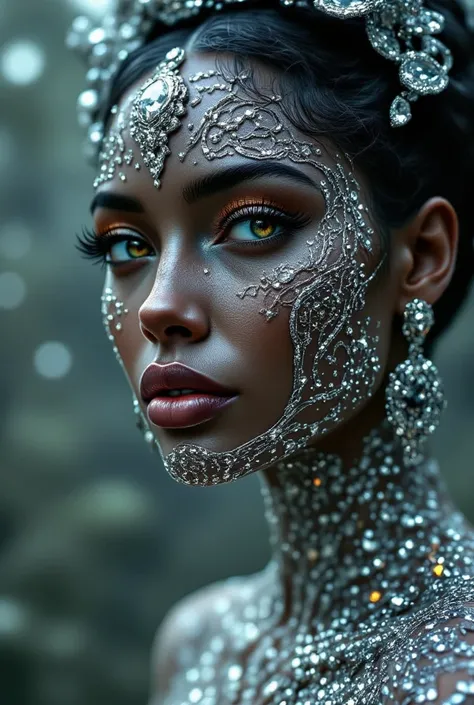  a black woman with diamonds encrusted on her skin all over her body 