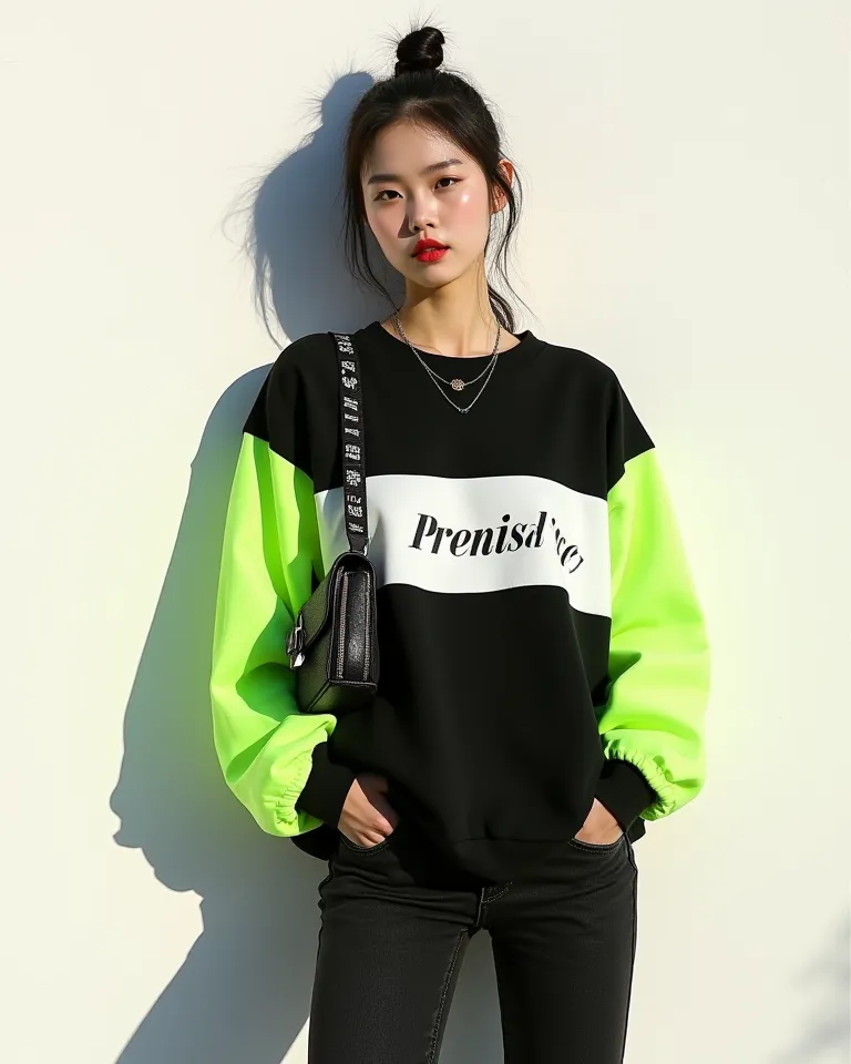 Promnt: A woman with dark hair in a tie up forming a circle of 2 parts right and left stands confidently in the sharp sun, casts dramatic shadows on the plain white wall behind her. He was wearing a large neon black and green sweatshirt with a white accent...