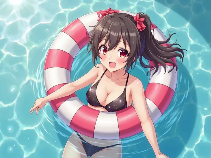 Anime girl, big breast, swimming ring, using breast to squeeze swimming ring