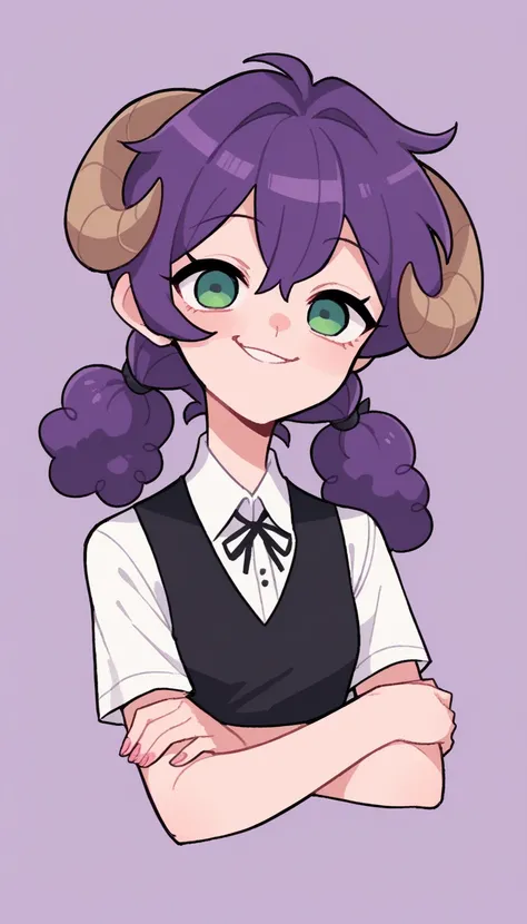  Better quality ,  very detailed illustration, ram-guy , sheep horns, green eyes, fair skin, The hair is long,  pigtail hair , purple hair, disheveled hair, disheveled voluminous hair, black vest, white shirt , smug smile,  cunning face ,  slim,  perfect b...