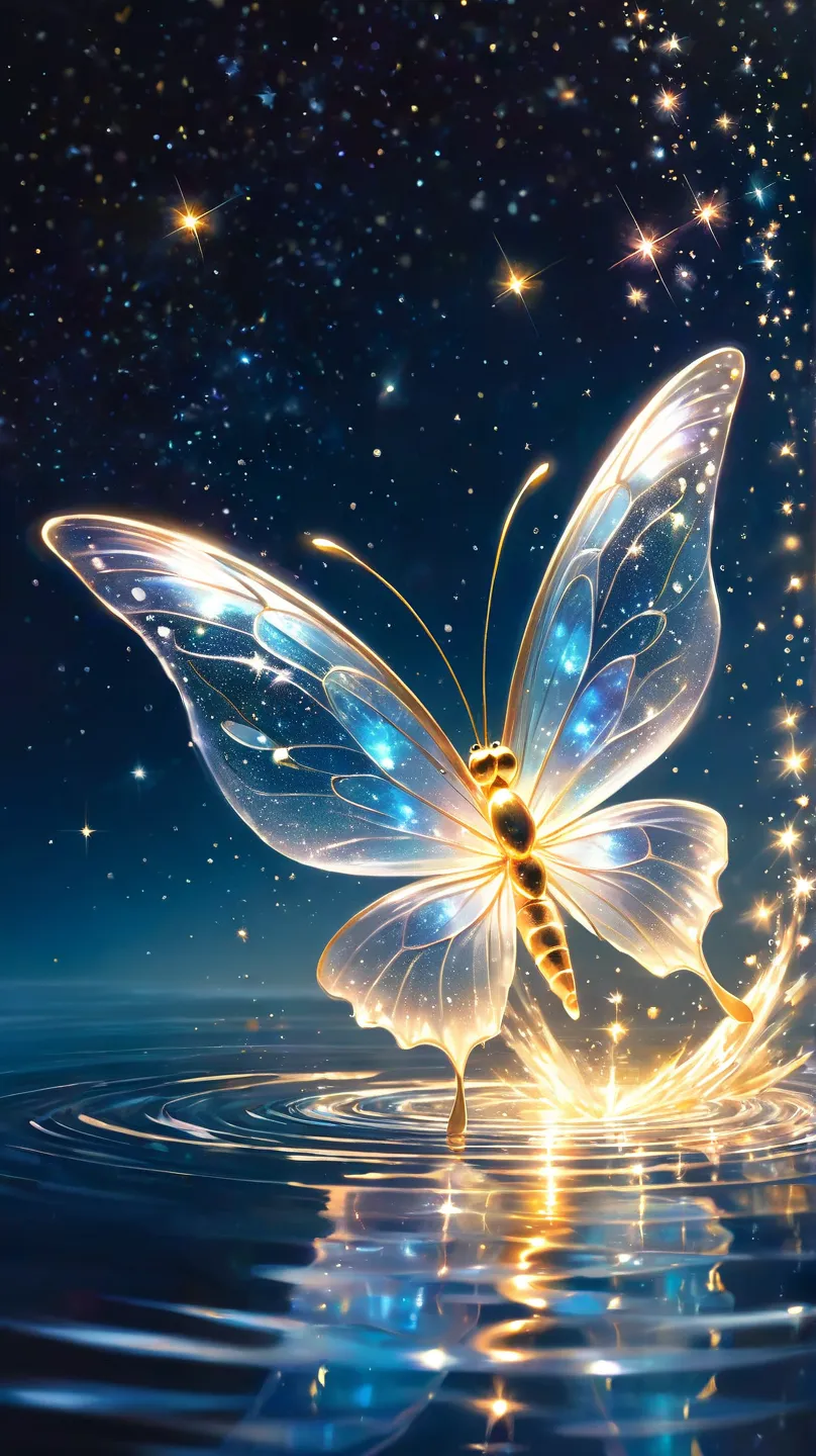 masterpiece. Reality. transparent creature. Everything in this universe is made of sparkling crystals. A butterfly falls on the surface of the water. water explosion.