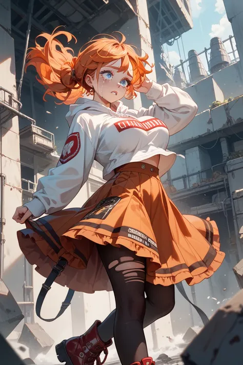  orange hair 　Bouncing Boyish Shorthair　anime style girl　 long eyelashes 　big round eyes　Bright blue eyes　crimson eyeshadow　 in the ear　crying　 is frightened　White Long Sleeve Hoodie with English Letters Printed　black ankle-length long flared skirt　Sneaker...