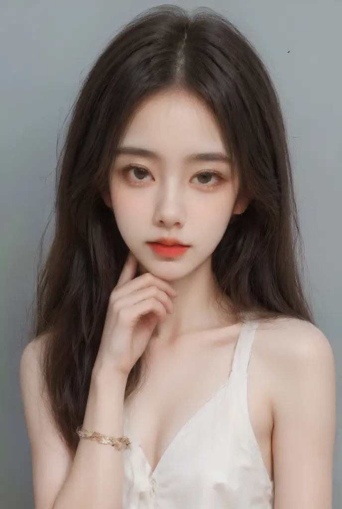 “A young Japanese woman with shoulder-length, wavy, dark brown hair and a light beige/cream-colored sleeveless top.  She has a natural, slightly tousled appearance.  She is looking directly at the camera with a gentle, approachable expression, and a soft, ...