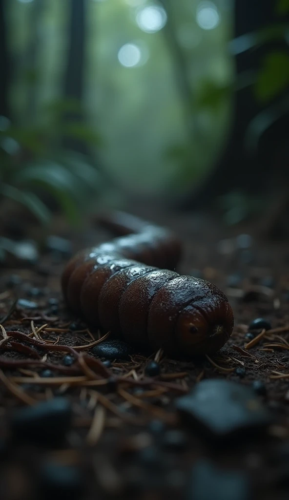 A dark brown worm with a detailed texture, located in a humid and shady environment, with dramatic lighting and a faint glow of humidity surrounding. The scene transmits an air of alert and danger, with a blurred background and dark tones to reinforce the ...