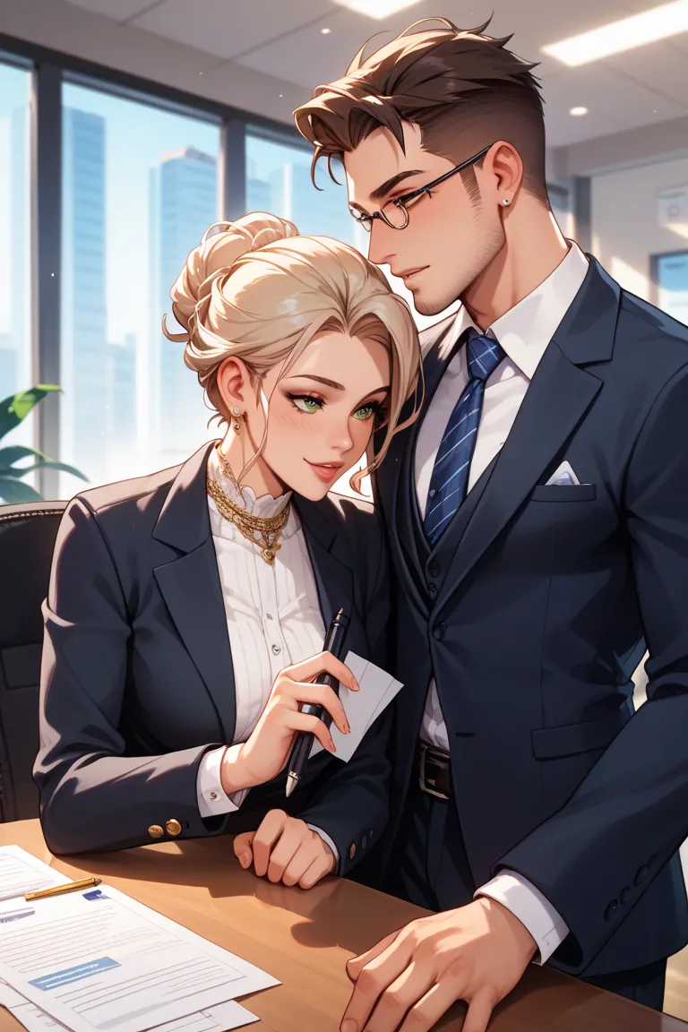 A good-looking boss with brown skin and a slightly bearded handsome fair-skinned junior couple。Both are suits and the location is an office。