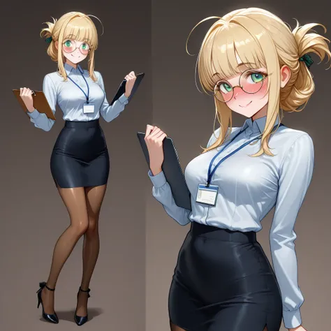 A petite and attractive blonde girl. She is dressed in very tight office attire. She has flowered hair that is tied into a loose ponytail. ((round Glasses)) (medium breasts), (bangs) (green eyes) ((lewd smile)) (blush) (pantyhose) heels, holding a clipboar...