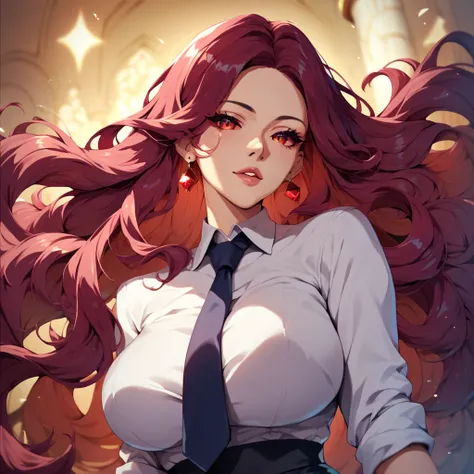 Score_9_up, Score_8_up, Score_7_up, masterpiece, 1girl, long flowing maroon hair, red eyes, facing viewer, large breasts, red sclera, business suit and tie, casino