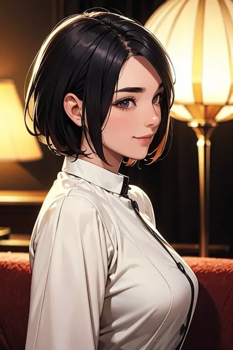  black hair　 female in her 30s　short hair　one length　Thick eyebrows　 no bangs 　 profile picture 　 night view　smile　The eyes are double sharp and long　Stylish　Personal　 bullish personality 