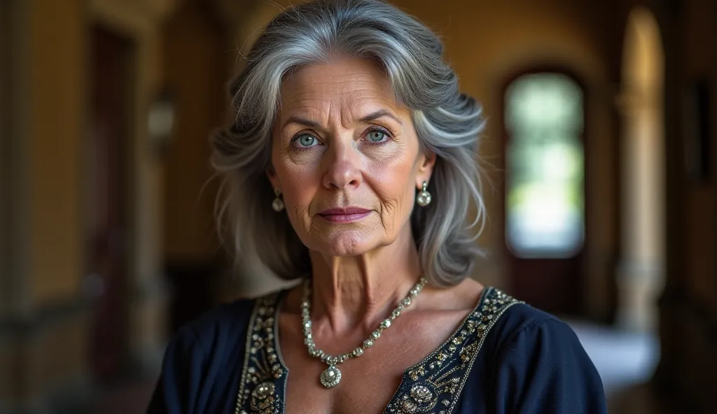 A 72-year-old woman, She has gray hair at shoulder length. She has blue eyes , The serious and determined expression. She wears an elegant and luxurious outfit. In the background, the hall of an imposing mansion 