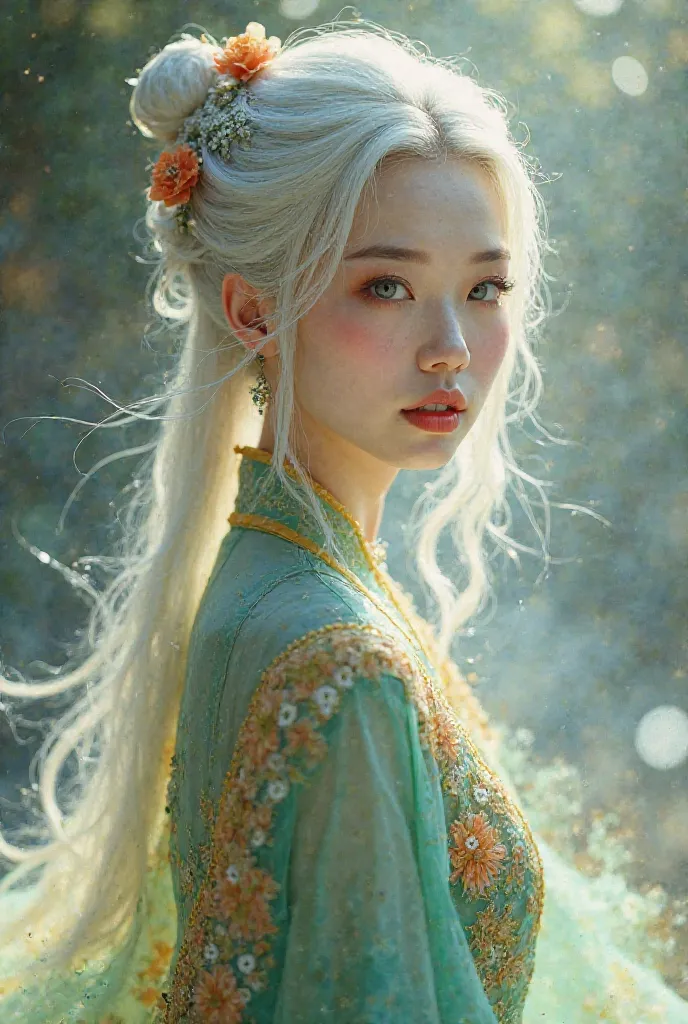 Chinese woman with white hair and green yellow and blue dress