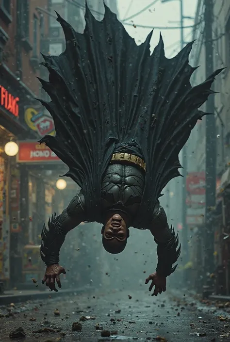 Batman falling to the ground, injured, with the store in the background.