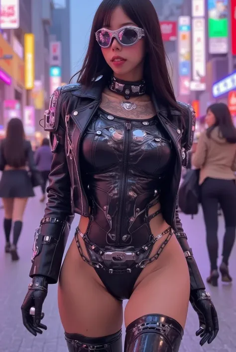 Woman (cute, chrome goggles, sexy outfit, saggy natural breasts huge, sexy black leather outfit, many blinking gadget accessories), confident walk through futuristic alien city (Cybertron of Transformers fame, living metal city, ultra high tech, robots in ...