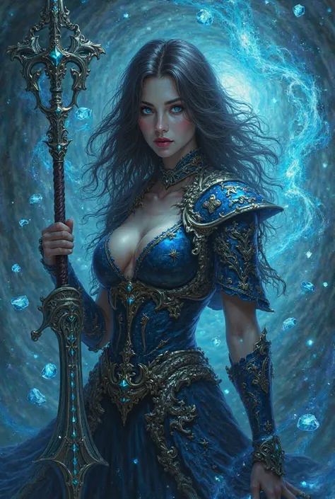 Abyssal warrior brunette woman with blue eyes with a weapon and diamonds around 