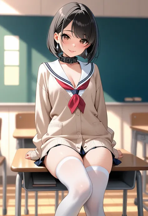 Masterpiece, best quality, vibrant, high contrast, semirealistic, newest, 1girl, solo, (young, adolescent), extremely cute, sexy, Japanese girl, loli body, high school girl, black hair in a cute curly layered bob cut style, brown eyes, swept bangs with str...