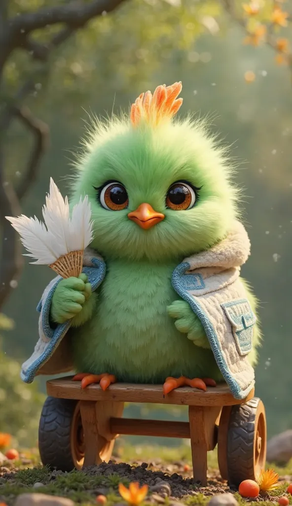  Fantastic　 realistic footage　 Compa　cute fluffy green chicken with round eyes wearing a white and blue coat on the tree　White feather fan in her hand　wears Kongming's tangerine on its head　I'm sitting on a chair with large left and right wheels made of wo...