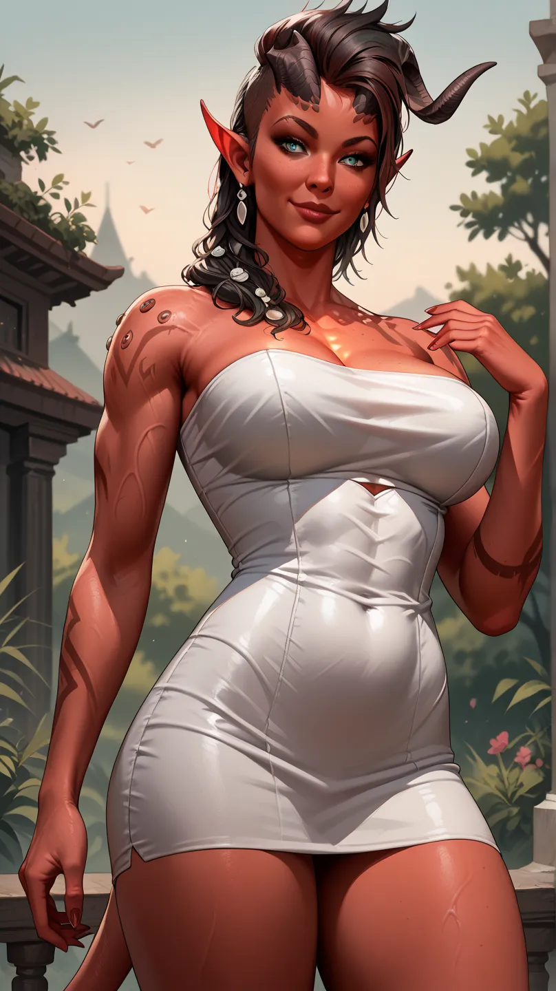 BGKarlach, 1 ,   demon horns,  black hair,   red skin,   looking at the spectator ,  thighs detailed background, Taverna Strapless white Short Dress, Tiefling Syrup , Orejas puntiagudas, Ojos del diablo, lustfull smile, lustfull look,