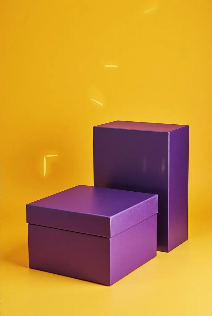 Box of approximately 50 x 50 x 50 cm and another next to it of 30 x 47 x 47 cm, with a satin purple fabric, covering them in their entirety, flat yellow background with a background flash