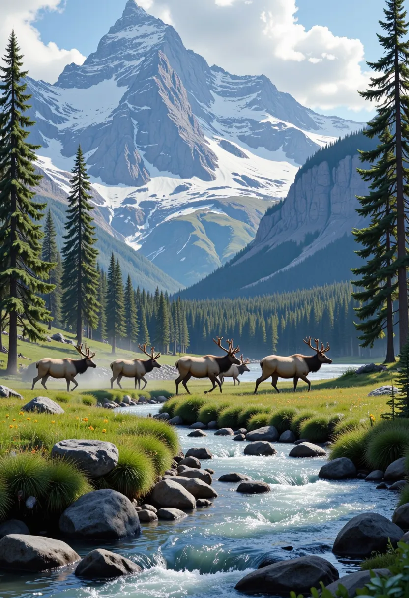 ((masterpiece)), best quality, (8k, best quality, masterpiece: 1.2), ultra-detailed, a herd of elk walking along a river in a mountain valley.