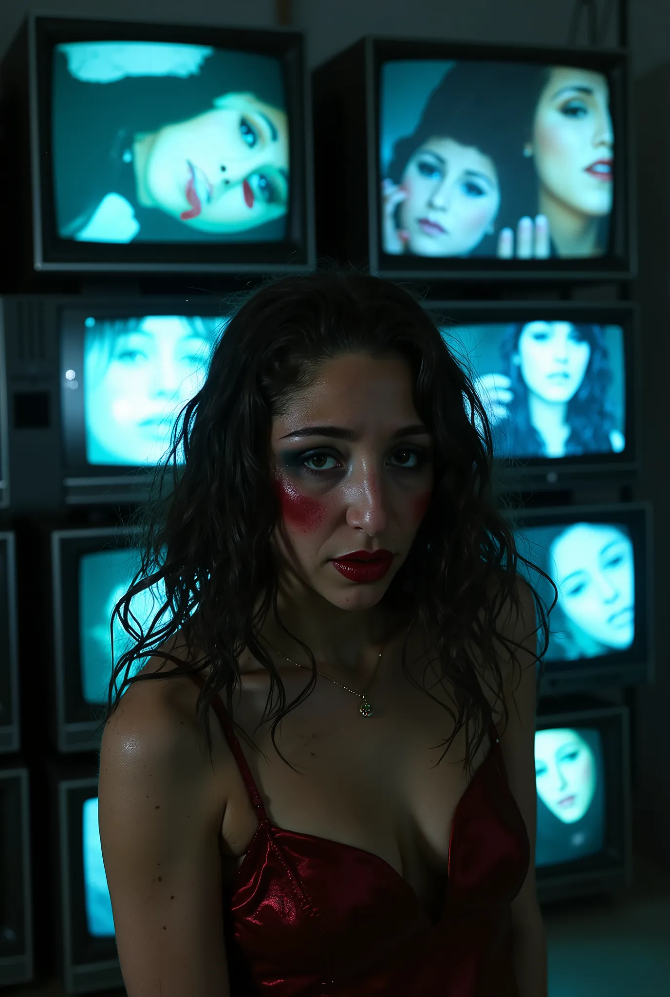 A **brunette woman in full SAD CLOWN makeup stands in front of a massive wall of old CRT televisions**, each screen **flickering with grainy VHS visuals of herself, looping endlessly as she sobs and applies more makeup**. Her **long, dark hair clings to he...