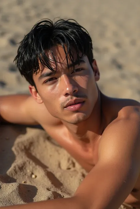 “A fine young European man lies on the sand, wearing only underwear. His body is damp, glistening under the soft, warm light. He has a fit, well-proportioned build with broad shoulders and a naturally thick frame. His short black hair is wet, with bangs fa...