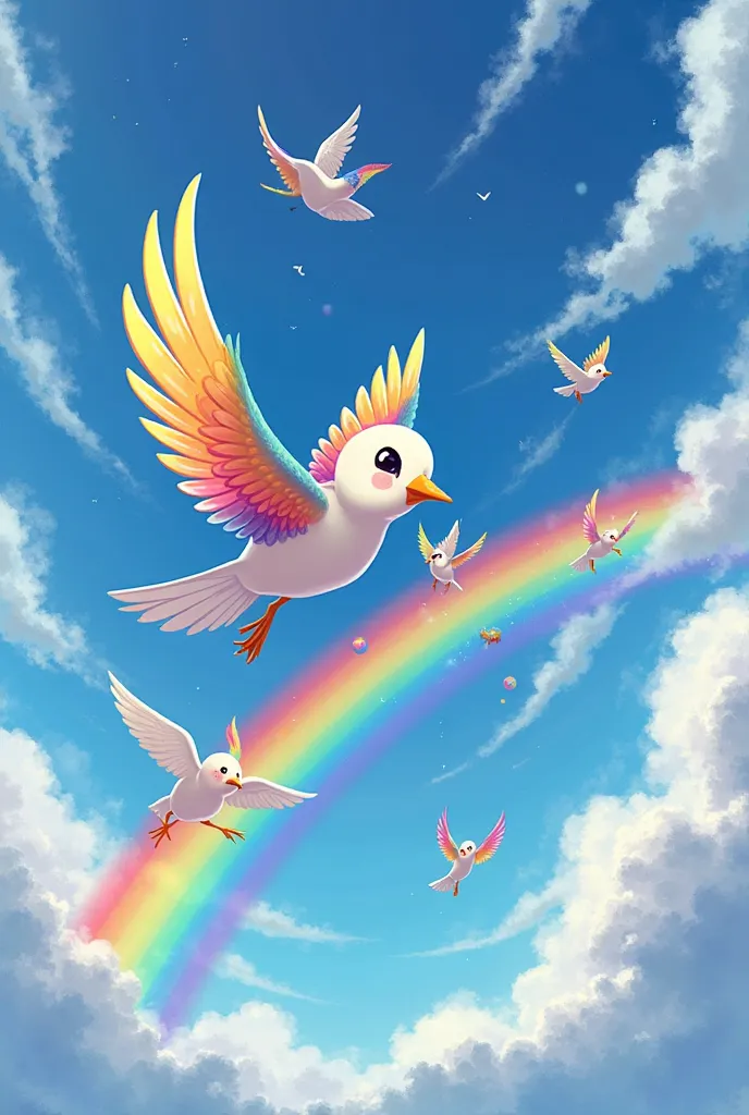 All the birds cheering for TunTuni as she flies joyfully in the sky. The scene is colorful, with a bright rainbow in the background