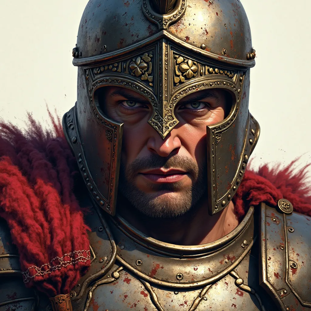 "Detailed 2D illustration of an imposing gladiator, focusing on his face and ornate helmet,  with metallic details and battle marks . His gaze is intimidating and fierce,  transmitting determination and strength . The armor covers part of the chest, with a...