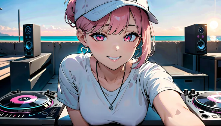 (high quality, 8k, 4K, High Contrast , masterpiece:1.2, 最high quality, Best Aesthetics ),High angle shot, ((1 female:1.4)),(( DJ equipment operation :1.5)), (( blue sky beach background :1.3)), ( loose fit white color shirt :1.1), ( simple baseball cap ...