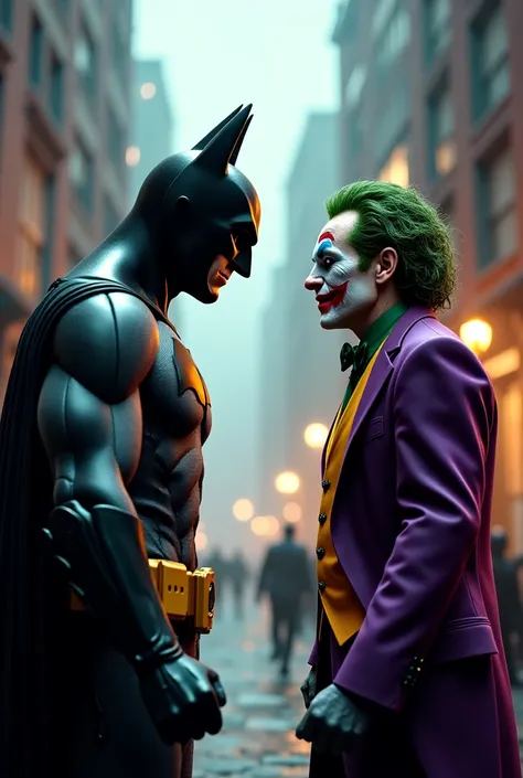 Batman confronting Joker in a dramatic showdown, fists clenched.