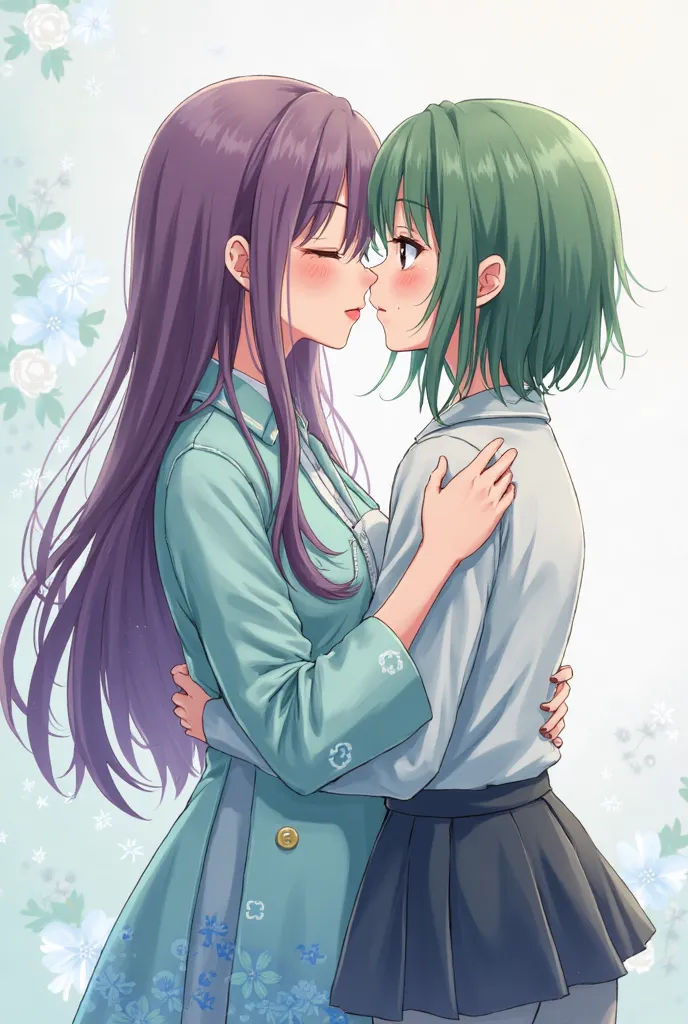 Two girls kissing because they are a couple with a cute style with long purple hair and the other girl with green and short traditional anime style hair while watching each other take each other's 2d style white and pretty girls one of them has a long mint...