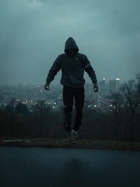 Man in a hooded sweater,  black tracksuit , he jumps ropes on asphalt, Photo aus vogelperspektive,  Panorama , he is on a hill, Skyline behind him,  Gloomy atmosphere, 8, Photo, dark skyline, city lights in the background