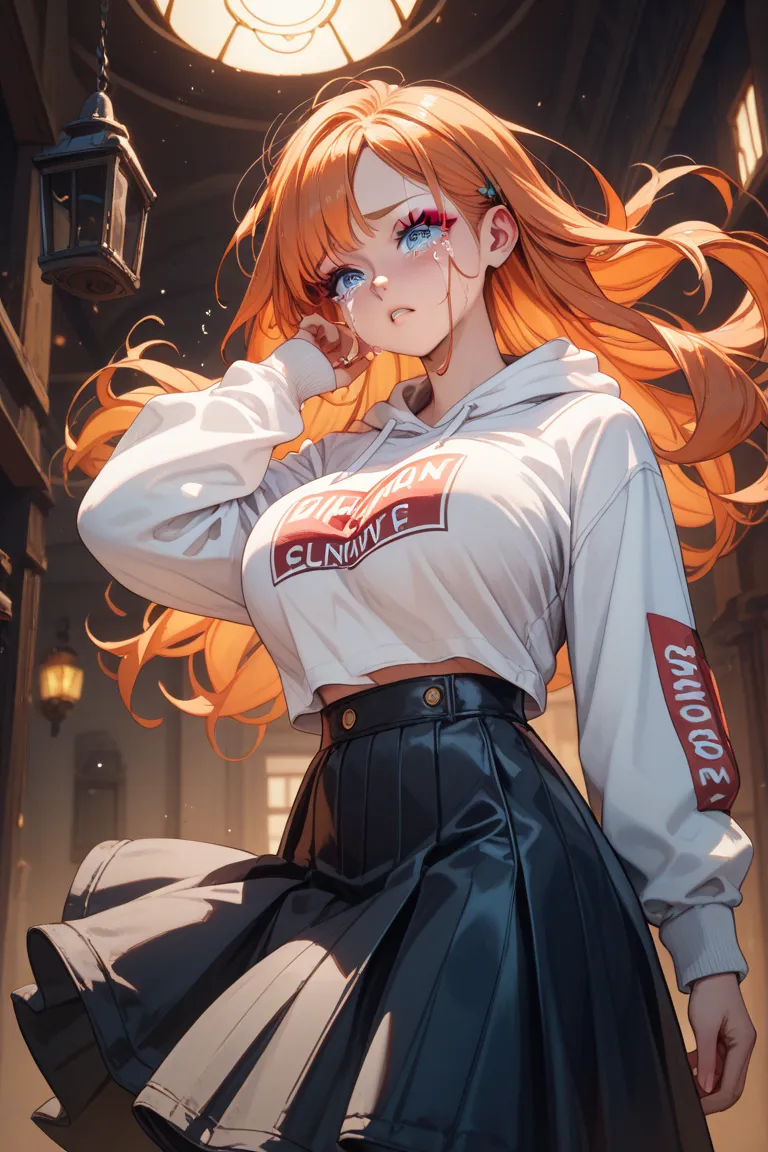 dark cellar
Orange hair　Bouncing Boyish Shorthair　anime style girl　 long eyelashes 　big round eyes　Bright blue eyes　crimson eyeshadow　 in the ear　crying　 is frightened　White Long Sleeve Hoodie with English Letters Printed　long black flared skirt up to the ...