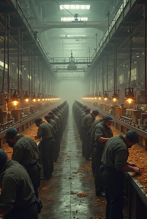 A peak day peak size 9:16 of many people working in a cigarette factory