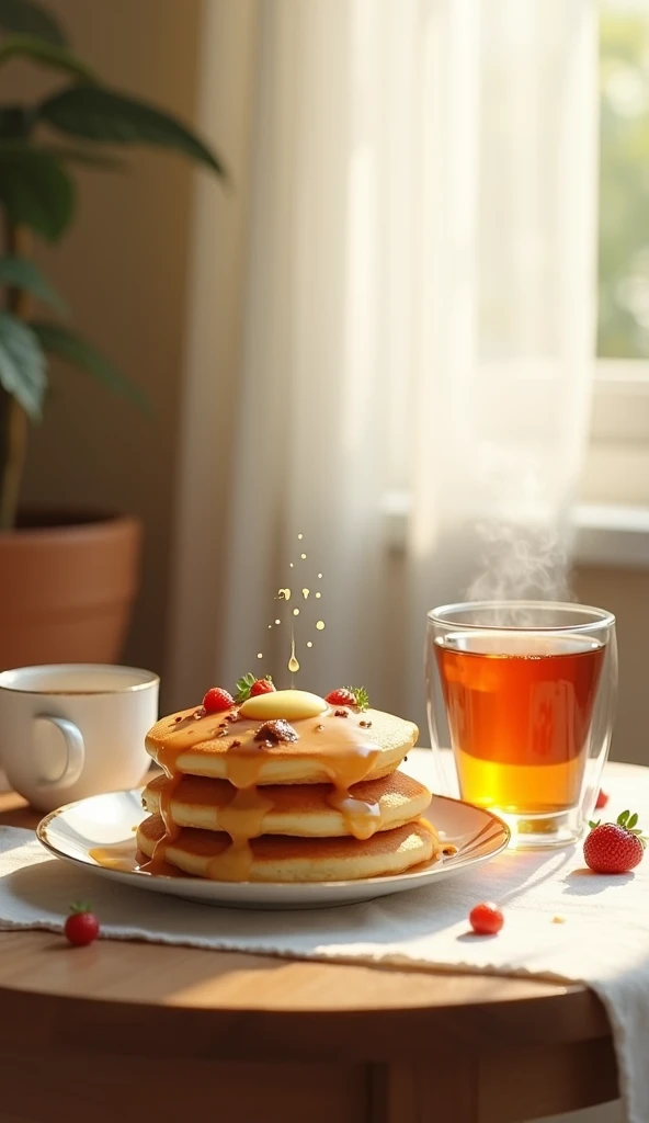 Delicious pancakes with condensed milk and a cup of tea in a transparent cup in a hot and hot cup, on a round table near a window with white linen curtains