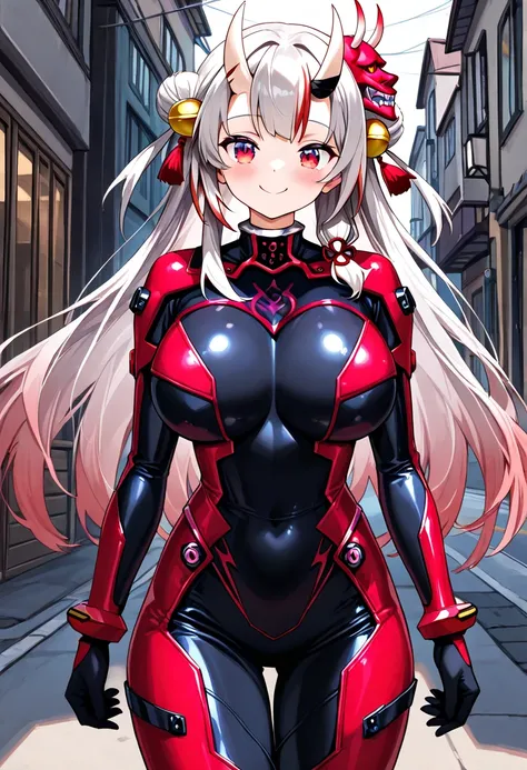 (Highest quality , 8k , masterpiece , incredibly absurdres , perfect body , super detailed skin , highly detailed eyes and face , 1 woman ) ,  nakiri ayame , Silver Hair , red eyes , demon horn , smile ,  will be happy , ( rider suit , street : 1.2 ) , ( h...