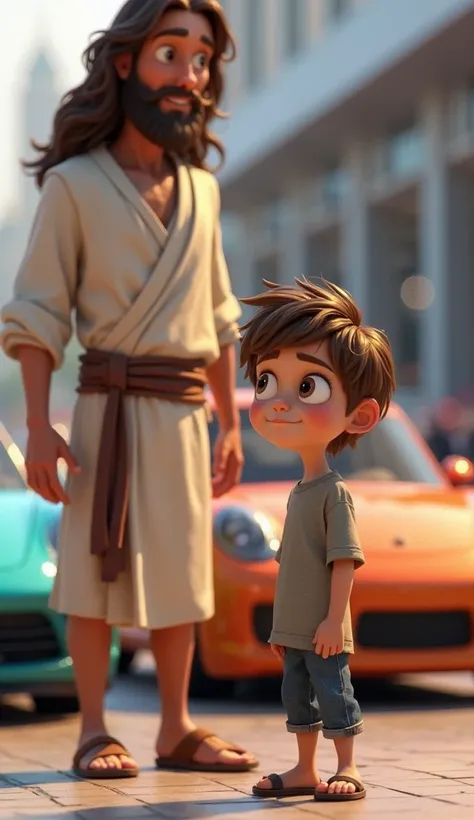 A cinematic 3D animated scene in the DreamWorks style. A young boy with large, expressive eyes and tousled brown hair stands in front of a sleek car dealership, his face filled with awe as he gazes at a row of shiny, colorful cars. He wears a slightly over...